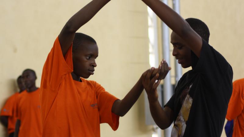 Visually Impaired athletes begin goalball training at the Agitos Foundation Youth Workshop in Rwanda boy and coach
