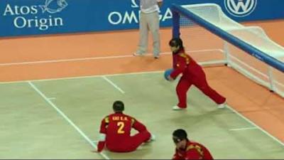 Video Thumbnail with three Chinese  goalball athletes in action. 